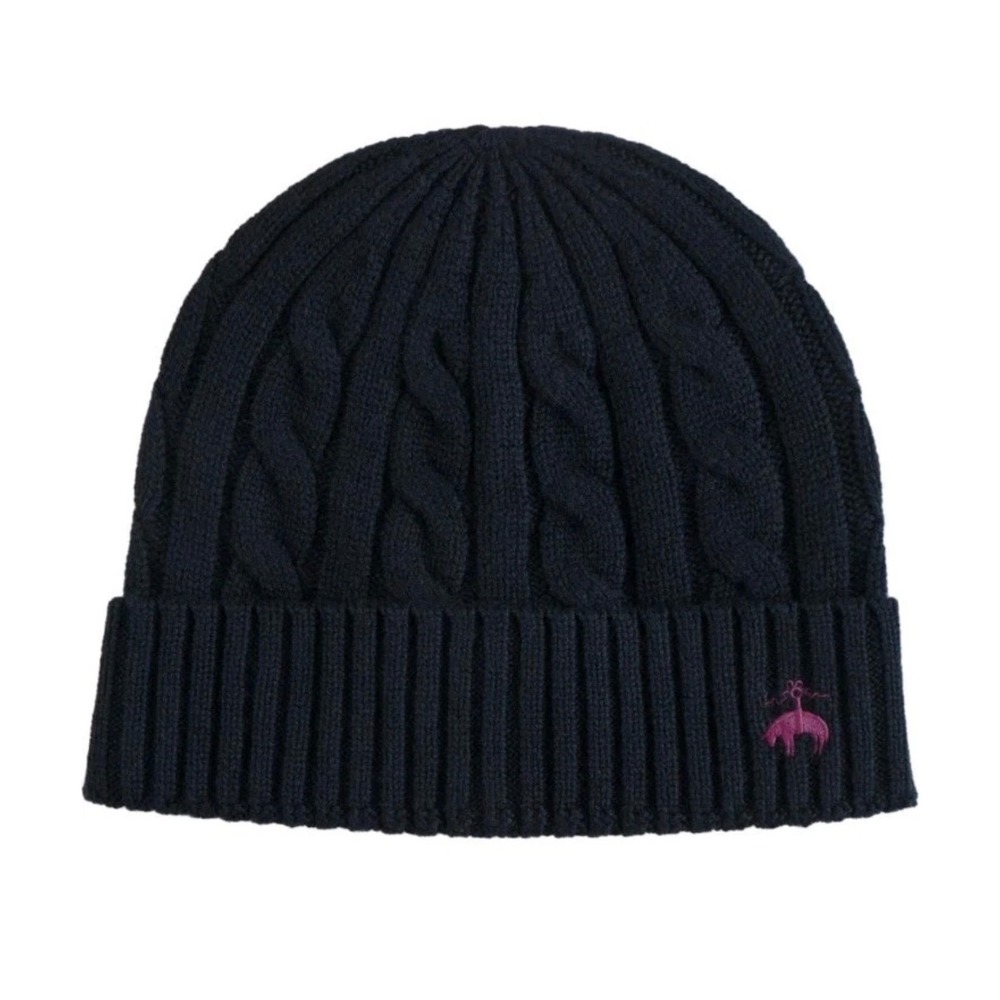 Brooks Brothers Navy Blue Cable Knit Beanie Hat Purple Logo One Size NWT
